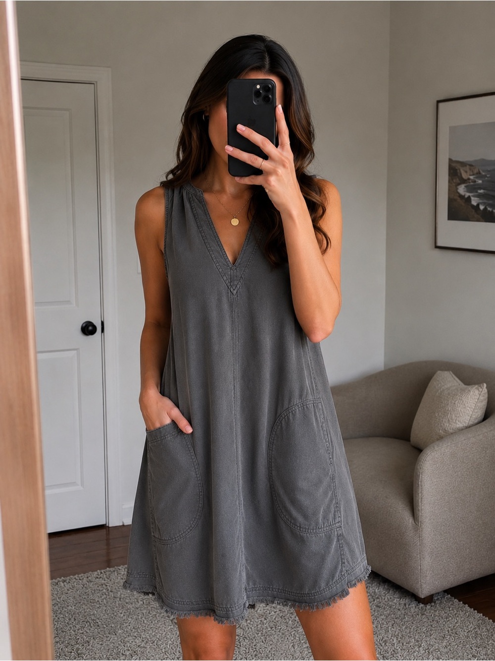 Splendid Sleeveless Shift Dress Gray Size XS | Lyocell Blend V-Neck Pocket Dress